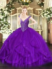  Ball Gowns Ball Gown Prom Dress Purple V-neck Tulle Sleeveless Floor Length Lace Up