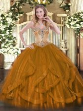 Vintage Brown Sleeveless Floor Length Beading and Ruffles Lace Up Quinceanera Dress