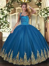 Excellent Blue Lace Up Quince Ball Gowns Appliques Sleeveless Floor Length