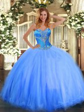 Discount Blue Ball Gowns Tulle Sweetheart Sleeveless Beading Floor Length Lace Up Sweet 16 Quinceanera Dress