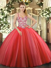  Coral Red Ball Gowns Tulle Straps Sleeveless Beading and Appliques Floor Length Lace Up 15 Quinceanera Dress