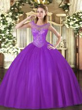 Fancy Floor Length Lace Up Sweet 16 Dress Eggplant Purple for Sweet 16 and Quinceanera with Beading