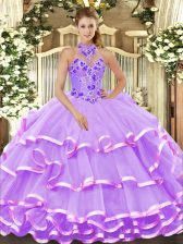 Cheap Sleeveless Floor Length Beading and Embroidery and Ruffled Layers Lace Up Quinceanera Gown with Lavender