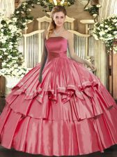  Coral Red Lace Up Strapless Ruffled Layers Quinceanera Gowns Organza Sleeveless