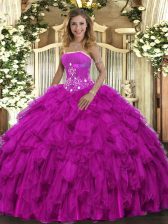 Hot Selling Organza Strapless Sleeveless Lace Up Beading and Ruffles Sweet 16 Dresses in Fuchsia