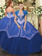 Floor Length Lace Up Quinceanera Dress Blue for Military Ball and Sweet 16 and Quinceanera with Beading and Embroidery