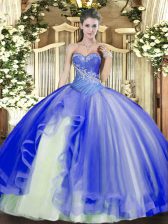 Stylish Sleeveless Tulle Floor Length Lace Up Quince Ball Gowns in Blue with Beading and Ruffles