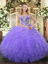  Lilac Tulle Lace Up Sweetheart Sleeveless Floor Length Quinceanera Gown Beading and Ruffles