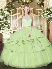  Olive Green Two Pieces Scoop Sleeveless Organza Floor Length Zipper Lace and Ruffled Layers 15th Birthday Dress