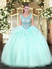 Beauteous Aqua Blue Scoop Neckline Beading Quince Ball Gowns Sleeveless Lace Up