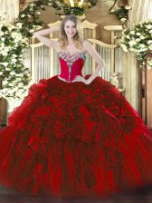  Wine Red Sweetheart Neckline Beading and Ruffles Quinceanera Dress Sleeveless Lace Up