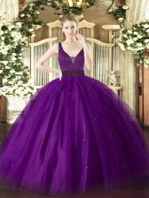 Latest Tulle Sleeveless Floor Length Sweet 16 Quinceanera Dress and Beading