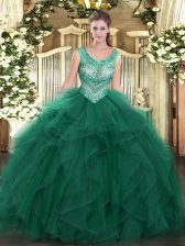  Floor Length Dark Green Quinceanera Dress Scoop Sleeveless Lace Up