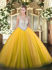 Popular Scoop Sleeveless Sweet 16 Quinceanera Dress Floor Length Beading Gold Tulle