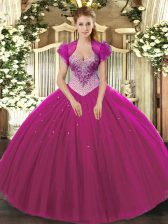 Customized Sleeveless Floor Length Beading Lace Up 15 Quinceanera Dress with Fuchsia