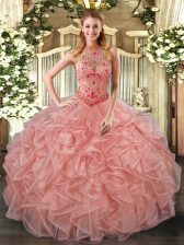 Luxury Peach Ball Gowns Beading and Embroidery and Ruffles Sweet 16 Dresses Lace Up Organza Sleeveless Floor Length