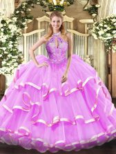 Charming Ball Gowns Sweet 16 Quinceanera Dress Lilac Halter Top Organza Sleeveless Floor Length Lace Up