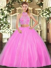  Hot Pink Criss Cross Quinceanera Dresses Beading Sleeveless Floor Length