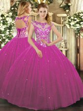  Beading and Appliques Quinceanera Dress Fuchsia Lace Up Cap Sleeves Floor Length
