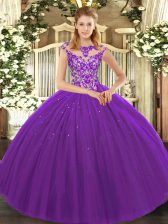 Beauteous Scoop Sleeveless Tulle Ball Gown Prom Dress Beading and Appliques Lace Up
