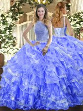  Blue Ball Gowns Beading and Ruffled Layers Sweet 16 Quinceanera Dress Lace Up Organza Sleeveless Floor Length