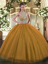 Shining Brown Halter Top Lace Up Beading Quinceanera Dress Sleeveless
