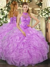  Lavender Organza Lace Up Quinceanera Dresses Sleeveless Floor Length Beading and Ruffles