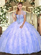  Light Blue Sleeveless Floor Length Appliques and Ruffles Lace Up 15th Birthday Dress