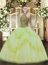  Light Yellow Halter Top Neckline Beading and Appliques Sweet 16 Dresses Sleeveless Lace Up