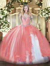  Sweetheart Sleeveless Lace Up Sweet 16 Quinceanera Dress Coral Red Tulle