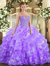Glorious Lavender Sweetheart Neckline Embroidery and Ruffled Layers Quinceanera Dress Sleeveless Lace Up