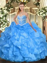  Baby Blue Ball Gowns Sweetheart Sleeveless Organza Floor Length Lace Up Beading and Ruffles Sweet 16 Dresses