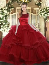  Wine Red Sleeveless Tulle Lace Up Vestidos de Quinceanera for Military Ball and Sweet 16 and Quinceanera