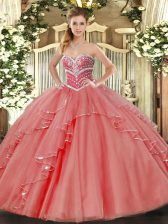 Dazzling Coral Red Sweetheart Lace Up Beading and Ruffles Sweet 16 Dresses Sleeveless