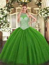  Green Halter Top Lace Up Beading Vestidos de Quinceanera Sleeveless