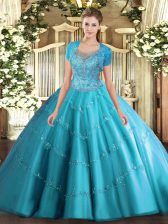 Clearance Aqua Blue Sleeveless Beading and Appliques Floor Length Sweet 16 Dresses