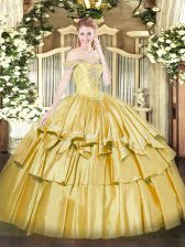 Fitting Gold Off The Shoulder Neckline Beading and Ruffled Layers 15 Quinceanera Dress Sleeveless Lace Up