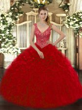  Wine Red Organza Zipper Sweet 16 Dress Sleeveless Floor Length Beading and Ruffles