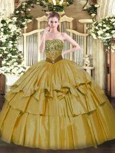 Perfect Brown Quinceanera Dresses Military Ball and Sweet 16 and Quinceanera with Beading and Ruffled Layers Strapless Sleeveless Lace Up