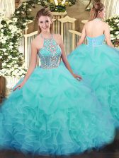 Suitable Aqua Blue Ball Gowns Ruffles Vestidos de Quinceanera Lace Up Tulle Sleeveless Floor Length