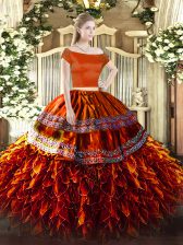 Sophisticated Rust Red Two Pieces Off The Shoulder Short Sleeves Organza Floor Length Zipper Ruffles Ball Gown Prom Dress