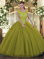 Dazzling Olive Green Sleeveless Floor Length Beading Backless 15 Quinceanera Dress