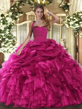 Most Popular Hot Pink Quinceanera Dresses Military Ball and Sweet 16 and Quinceanera with Ruffles and Pick Ups Halter Top Sleeveless Lace Up
