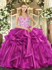 Unique Fuchsia Straps Lace Up Beading and Appliques and Ruffles Sweet 16 Dresses Sleeveless