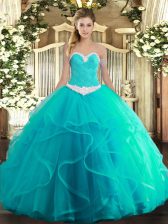 Delicate Turquoise Quinceanera Dresses Military Ball and Sweet 16 and Quinceanera with Appliques and Ruffles Sweetheart Sleeveless Lace Up