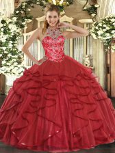  Coral Red Quinceanera Dress Military Ball and Sweet 16 and Quinceanera with Beading and Ruffles Halter Top Sleeveless Lace Up