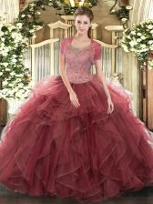 Elegant Beading and Ruffled Layers Quinceanera Gown Burgundy Clasp Handle Sleeveless Floor Length
