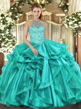 Fantastic Organza Halter Top Sleeveless Lace Up Beading and Embroidery and Ruffles Ball Gown Prom Dress in Turquoise