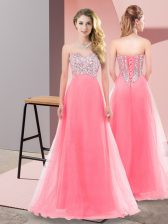  Floor Length Watermelon Red Evening Dress Tulle Sleeveless Beading