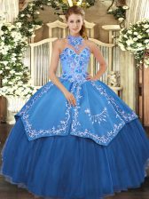  Halter Top Sleeveless Satin and Tulle Sweet 16 Quinceanera Dress Beading and Embroidery Lace Up